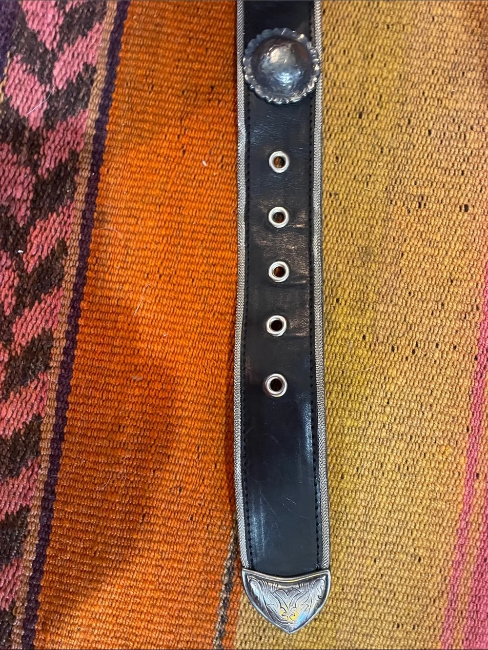 Another Line Black Western Faux Leather Belt with Engraved Pewter Conchos